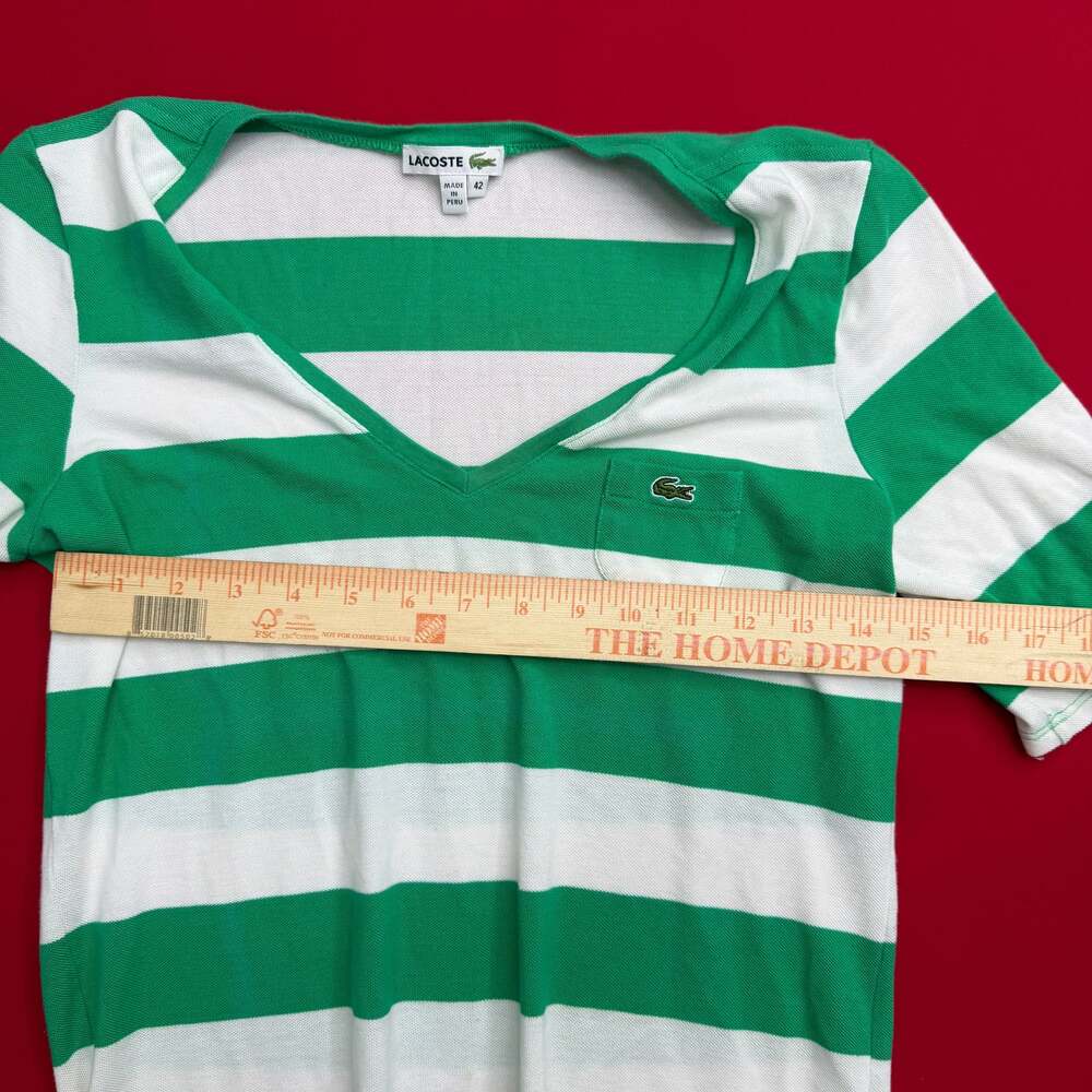 Vintage Lacoste Women's‎ Green and White Striped V-Neck T-Shirt - Picture 5 of 7